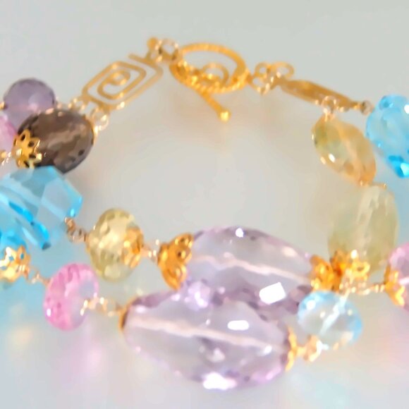 Multi Micro Faceted Big Gemstones Double Strand Bracelet Vermeil Sterling Silver - Picture 6 of 8